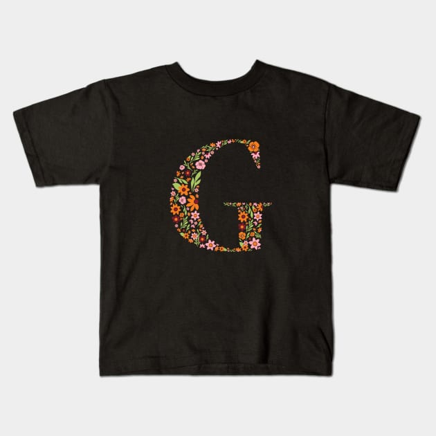 Retro Floral Letter G Kids T-Shirt by zeljkica